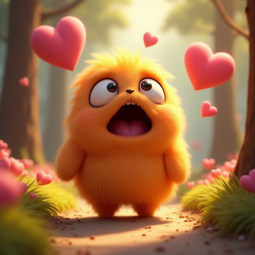 A fluffy orange creature with large eyes and a wide open mouth stands on a path in a whimsical forest, bright pink and red hearts float through the air, the creature has a surprised expression, the light is warm and soft, photorealistic, digital art, 3D style