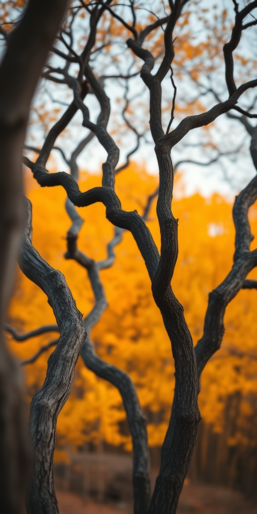 Capture a scenic view of twisted trees in front of a vibrant yellow and orange autumn backdrop, using a Canon EOS R5 with a 50mm f/1.2 lens at f/2.8, ISO 200, 1/250 sec, focused on the foreground trees while creating a soft bokeh effect on the colorful foliage.