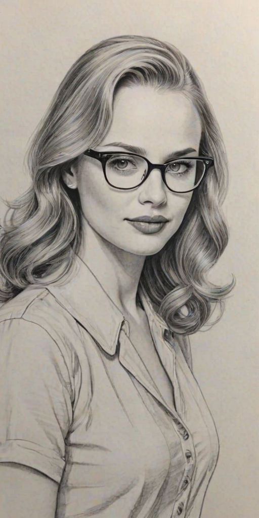 Sublime Fiona Gubelmann, pencil sketch, portrait of Lovely woman 1945s in glasses, hair style beatnik, outline, clear lines, fine lines, 8k