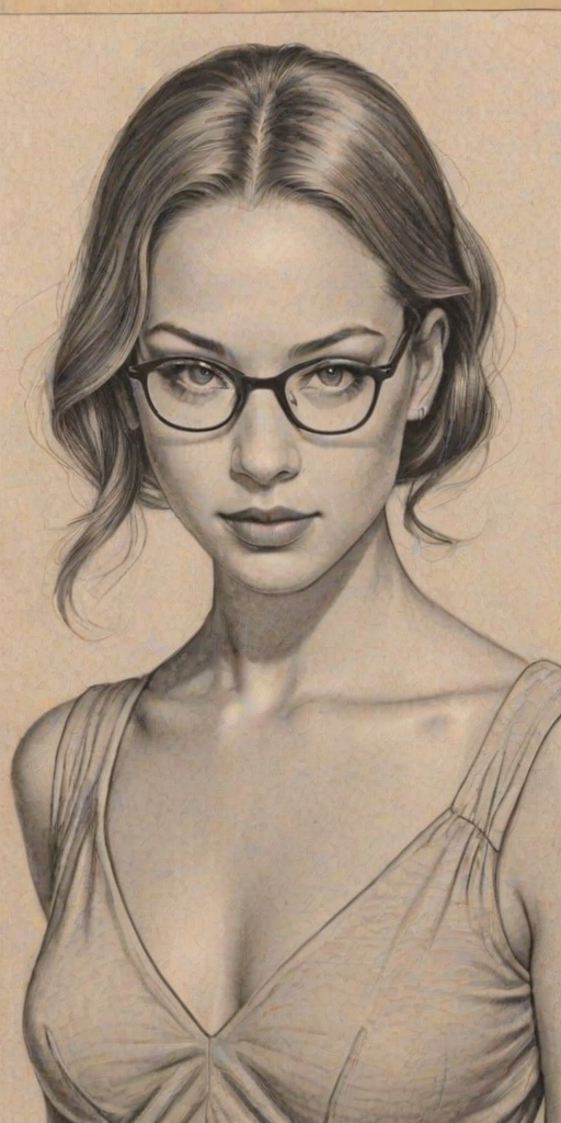 Comely Alexis Knapp, pencil sketch, portrait of Wonderful woman 1933s in glasses, hair style beatnik, outline, clear lines, fine lines, 8k