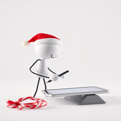 Create a high-resolution image of a 3D stick figure wearing a Santa hat, holding a stylus and drawing on a tablet, set against a solid white background, captured with a DSLR camera at f/2.8 aperture, ISO 100, and 50mm lens for a shallow depth of field.