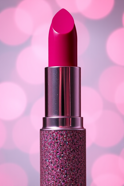 lipstick in vibrant pink color with a glittery case, bokeh background with soft pink lights, macro view, aperture f/2.8, shutter speed 1/125s, ISO 200, DSLR camera