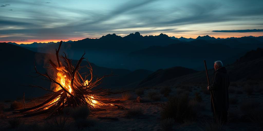 A mystical scene of a burning bush surrounded by mountains at dusk, featuring a figure with a staff observing, shot with a DSLR camera at f/4 aperture, ISO 200, 24mm focal length, using a wide angle lens for depth effect.