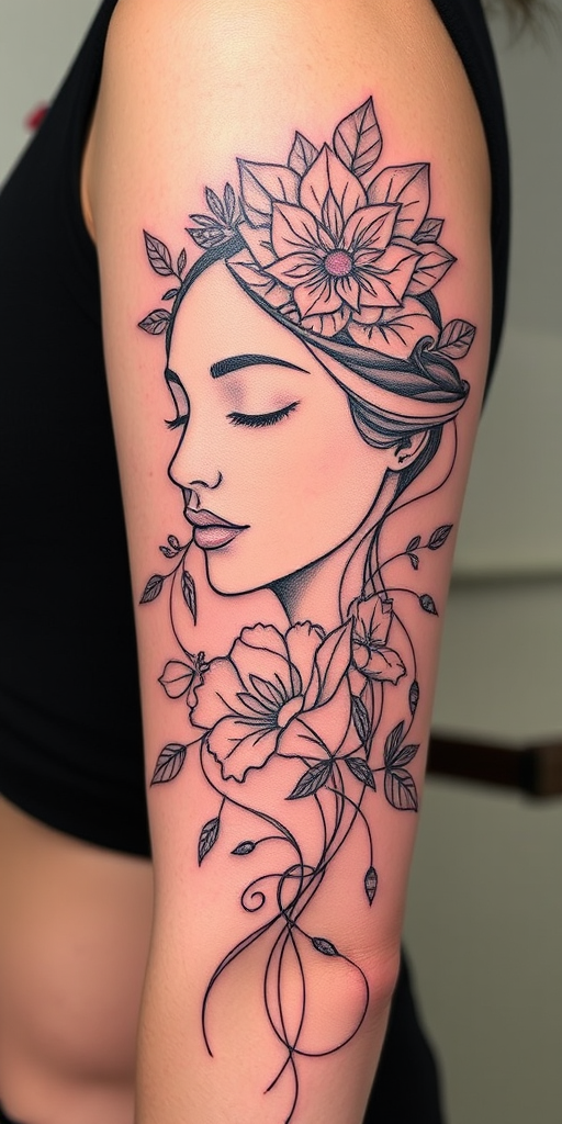 Elegant single-line tattoo named "Continuous Contour" featuring a complex design created using one unbroken line that flows and curves to form recognizable shapes and figures. The tattoo depicts a serene face merged with elements of nature, such as leaves, flowers, and waves, all seamlessly connected in a fluid, continuous motion. This style is characterized by its minimalist approach, relying on the purity of a single, uninterrupted line to convey depth, form, and emotion. The "Continuous Contour" tattoo style showcases the artist's skill in creating intricate designs with limited means, resulting in a tattoo that is both visually striking and conceptually intriguing. This style appeals to those who appreciate simplicity, elegance, and the challenge of expressing complex ideas through minimal artistic elements.