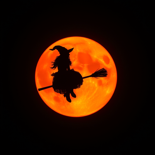 Double exposure, a silouette of a witch on a broomstick centered in the middle of an blood orange full moon.  Any suggestions on getting a good image of a witch on a broomstick centered in the middle of an blood orange full moon.  I tried different generators and changed the wording around.