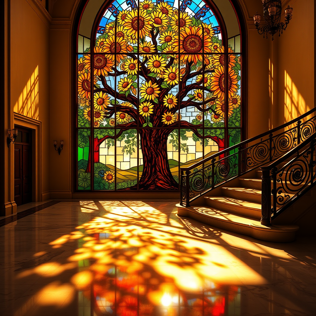 A stained glass window featuring a large, vibrant tree with blooming sunflowers as its focal point. The sunlight passes through the glass, casting multicolored shadows across the floor and a grand, curved staircase with ornate iron railings. The overall ambiance is warm, with golden sunlight enhancing the vivid colors of the stained glass, creating a serene and artistic atmosphere in a spacious room with polished marble floors. The scene is elegant and peaceful, with a blend of nature and architectural beauty.