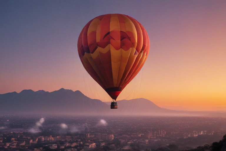 Majestic Hot Air Balloon Soaring Over a Scenic Mountainous Landscape at ...