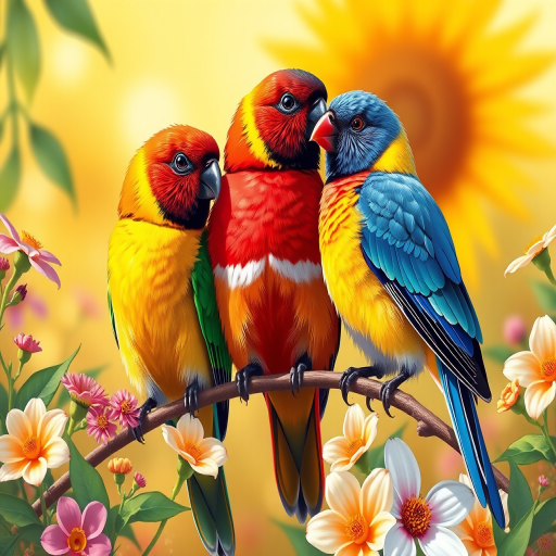 A vibrant illustration of three colorful birds perched on a branch surrounded by flowers and a sunny background, captured with a DSLR camera, aperture f/4.5, shutter speed 1/200s, ISO 100, using a macro lens for enhanced detail and clarity.