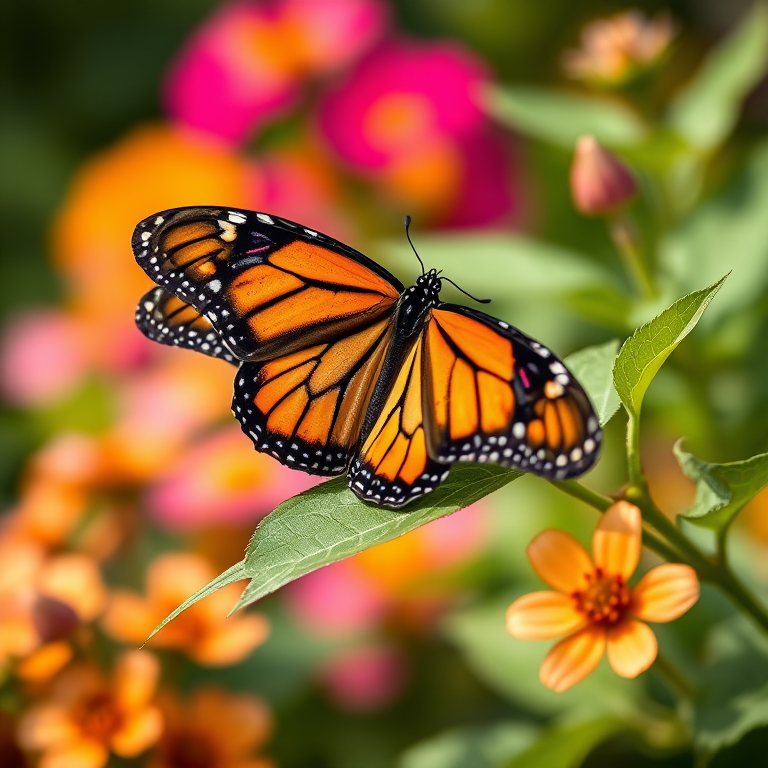 Generate an image of a monarch butterfly perched on a green leaf with a soft-focus background of blooming flowers and greenery. The butterfly should display its vibrant orange and black wings in detail, capturing the delicate textures and patterns. Aim for a natural and serene setting that highlights the beauty of the butterfly and its environment.