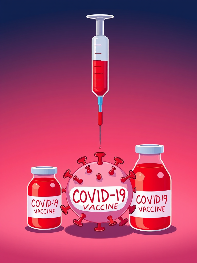 Create an illustration featuring a cartoonish representation of a COVID-19 virus with a large syringe filled with red liquid hovering above it, and two jars labeled "COVID-19 Vaccine" filled with red liquid beside it, using vibrant colors and a soft gradient background, captured with a Canon EOS R5 at f/8, ISO 100, 50mm lens, in a digital illustration style.