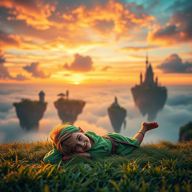 Create a fantasy scene with a young character in a green outfit laying on a grassy foreground, dreamy floating islands in the background under a colorful sunset sky with vibrant clouds, using a Canon EOS R5, 24mm f/1.4 lens, aperture f/4, ISO 100, with soft focus and high dynamic range for enhanced image quality.