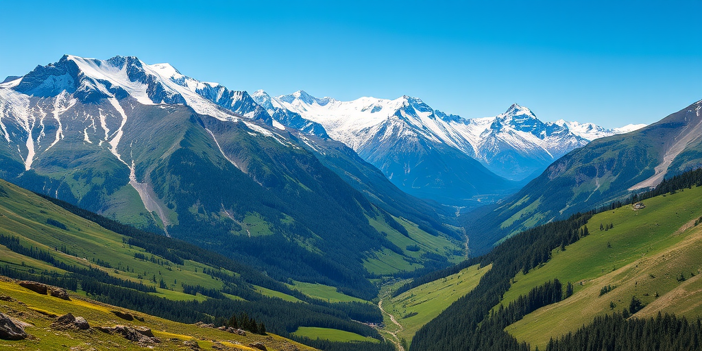 landscape of snow-capped mountains with lush green valleys, wide-angle view, f/11 aperture, ISO 100, 1/250 sec shutter speed, DSLR camera, natural lighting, high-resolution capture