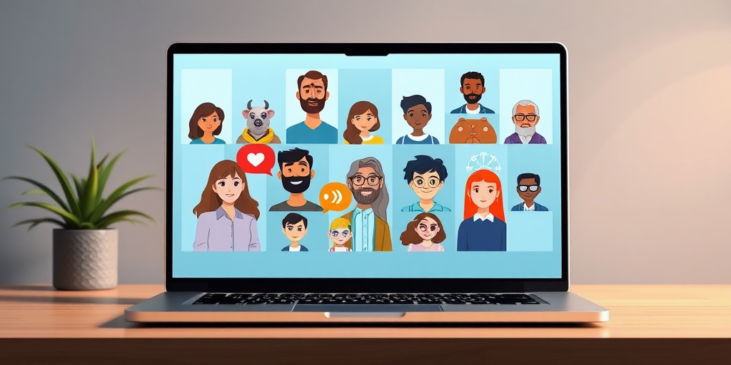 Create a digital illustration of a laptop screen displaying a grid of diverse cartoon character avatars in a virtual meeting setting, using a 50mm lens, f/2.8 aperture, ISO 100, soft lighting, and a flat lay camera angle to enhance detail and color vibrancy.