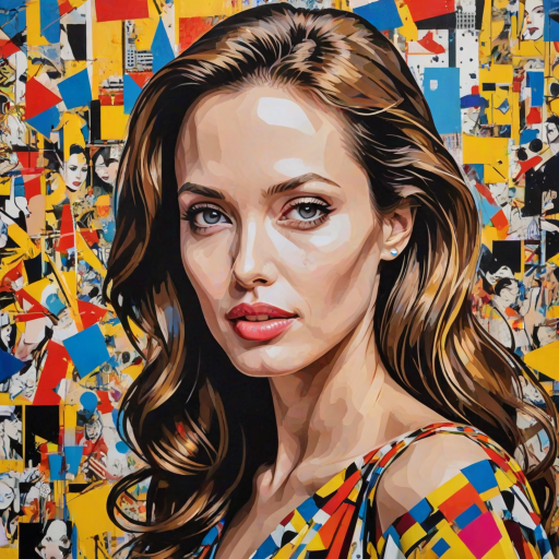 Featuring a young angelina jolie, A vibrant artwork blending bohemian style with edgy street art, . The design mixes vibrant colors with the modern Disney-inspired style, echoing Roy Lichtenstein's pop art. The overall mood is optimistic and trendy, with elements of Johannes Vermeer’s classic elegance, combined with the geometric abstraction of crystal cubism. add Stockholm silhouette