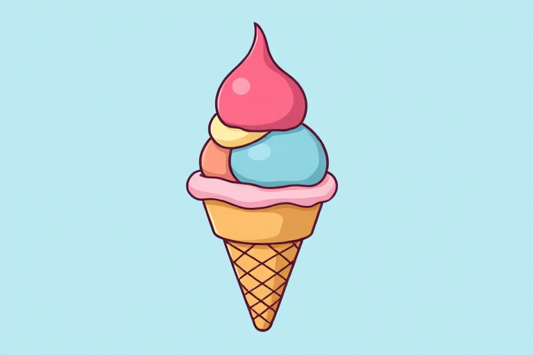 Create a high-resolution illustration of a three-scoop ice cream cone, using a digital art style with clean lines and vibrant colors, captured from a slightly elevated front view, using a digital camera setting of f/8 aperture, ISO 100, and a shutter speed of 1/200 sec to enhance image clarity and detail.