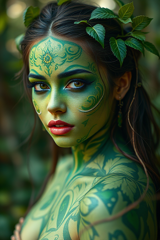 Create a portrait of a mystical forest spirit with intricate green body paint and natural elements like leaves and vines in her hair, shot with a Canon EOS R5 at f/1.8, 50mm, ISO 100, in a soft, diffused natural light setting, focusing on capturing vibrant colors and fine details.