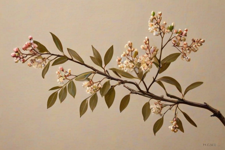 create a delicate, slender branch with small, intricately detailed leaves and clusters of tiny flowers, in a warm, earthy color palette against a plain background