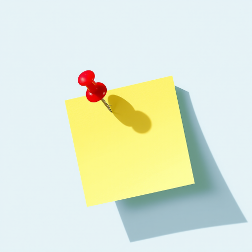 Create an illustration of a yellow sticky note with a red pushpin, using a Canon EOS R5 camera, 50mm lens, f/2.8 aperture, ISO 100, and natural lighting to enhance clarity and detail.
