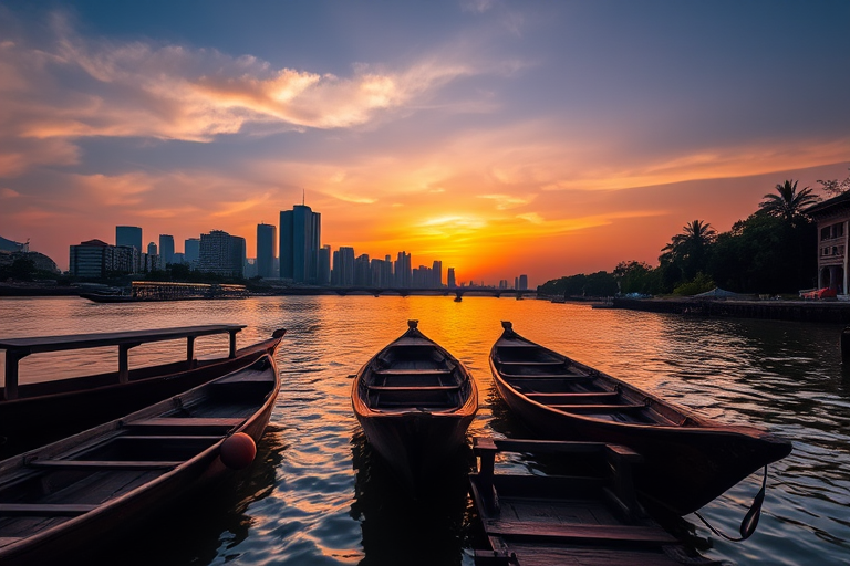 capture a serene sunset over a river with traditional wooden boats in the foreground, vibrant city skyline in the background, soft golden and purple hues in the sky, long exposure effect for smooth water texture, ISO 100, f/11, 30 seconds exposure, wide-angle lens at 18mm, tripod stabilization