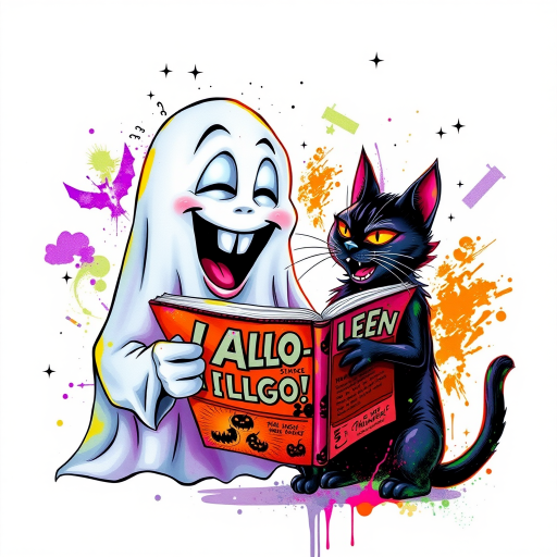 Image of a ghost and a black cat laughing exaggeratedly , and reading a comic halloween comic book, alcohol ink airbrush style, funny halloween theme, white background with neon purple, neon orange, neon green splash, black sparkles stars , dazzling BG