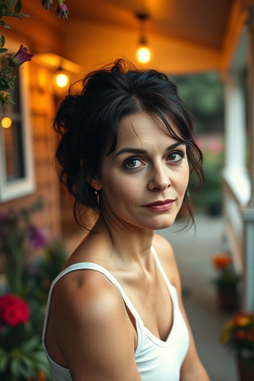 A photo of Jodie Foster with a background of a cozy porch. She has dark hair pulled back in an updo, with tendrils framing her face. She wears a white tank top and sits on the porch. The porch is part of a well-lit home with a warm, earthy tone and colorful flowers and foliage. The overall scene has a warm, welcoming, and comfortable ambiance.