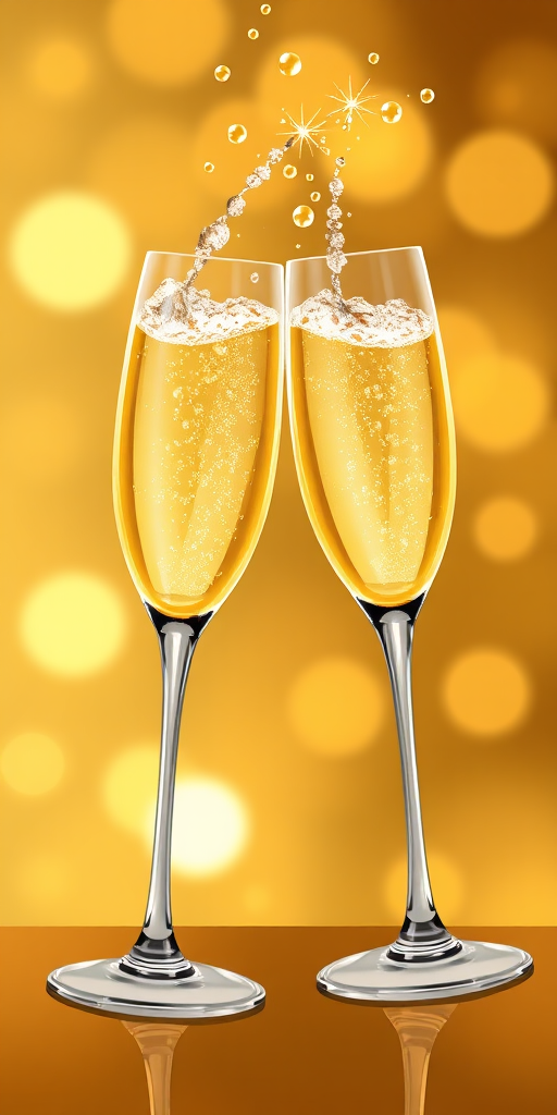 Create an illustration of two champagne glasses clinking together with sparkling bubbles rising from them, use a DSLR camera type with a 50mm lens, aperture f/2.8, ISO 100, shot from a slightly elevated angle for a vibrant and detailed appearance.