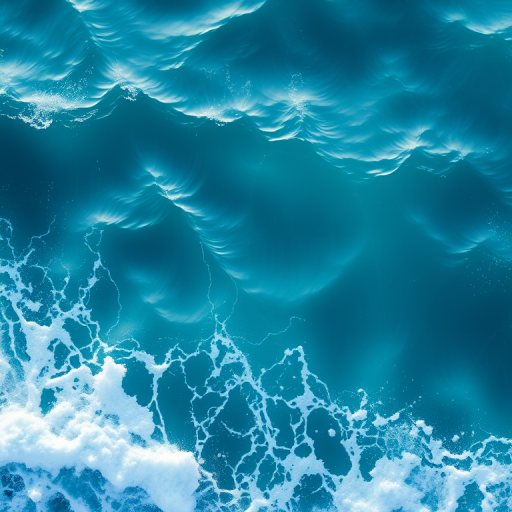 generate a vibrant digital illustration of ocean waves with varying shades of blue, using a Canon EOS R5 camera, 50mm lens, f/1.8 aperture, 1/2000 shutter speed, top-down view, enhanced contrast and saturation for a clean and modern look