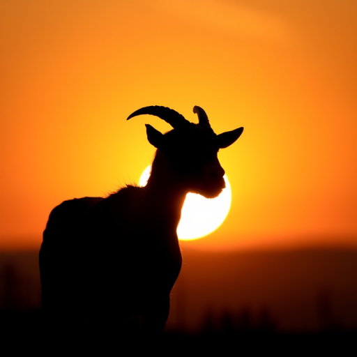 Goat silhouette against a sunset background, f/8 aperture, ISO 200, 50mm lens, soft focus style, DSLR camera, dynamic lighting, high contrast.