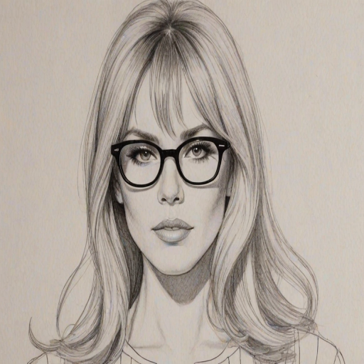 Bewitching Natasha Bedingfield, pencil sketch, portrait of Splendid woman 1960s in glasses, hair style beatnik, outline, clear lines, fine lines, 8k