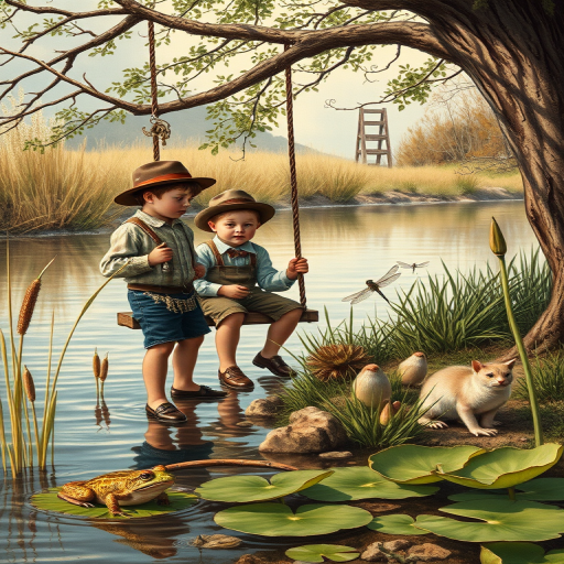 Imagine a small group of old fashioned young boys out fishing by the creek, a swing hanging from a tree branch, reeds and grasses by the water's edge, a frog sitting on a lily pad, dragonflies hovering over som water plans, a very iconic old fashioned scene reminiscent of a Norman Rockwell painting style