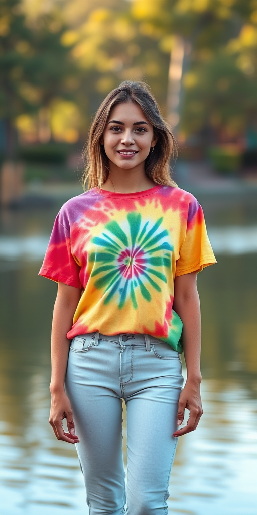 portrait of a young woman in a colorful tie-dye shirt and light jeans standing by a serene lake with soft sunlight filtering through trees, captured with a Canon EOS R5, 85mm lens, f/1.8, ISO 100, natural light, shallow depth of field, vibrant colors