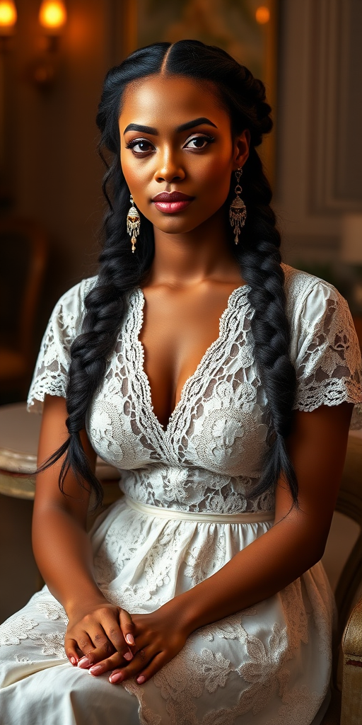 Create a portrait of a refined and elegant woman seated in a sophisticated setting. She has long, wavy hair styled in two thick braids that are pulled over her shoulders. She wears a white, lace gown with intricate patterns, featuring a deep V-neckline and short sleeves. The dress exudes a vintage charm with its delicate lacework. She is adorned with ornate, dangling earrings that add a touch of glamour to her appearance. The background is softly lit, with warm, ambient lighting that creates a cozy and inviting atmosphere. Her expression is poised and serene, capturing a sense of grace and elegance.