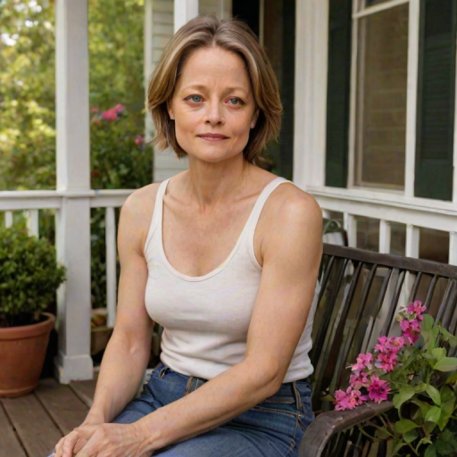 A photo of Jodie Foster with a background of a cozy porch. She has dark hair pulled back in an updo, with tendrils framing her face. She wears a white tank top and sits on the porch. The porch is part of a well-lit home with a warm, earthy tone and colorful flowers and foliage. The overall scene has a warm, welcoming, and comfortable ambiance.