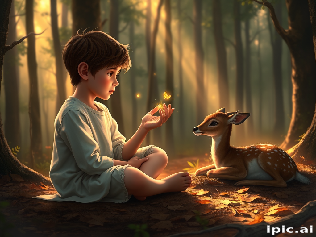 A luminous digital painting of a serene forest scene featuring a barefoot young boy, about 7 years old, with brown hair and fair skin, dressed in a simple white outfit. He sits cross-legged on the forest floor, gazing at a small, glowing, magical firefly in his hand. Beside him, a delicate spotted deer lies calmly on a bed of dried leaves, observing the scene. The dense forest is bathed in warm, golden light filtering through the trees, creating a peaceful, magical atmosphere with a blend of natural and mystical elements.