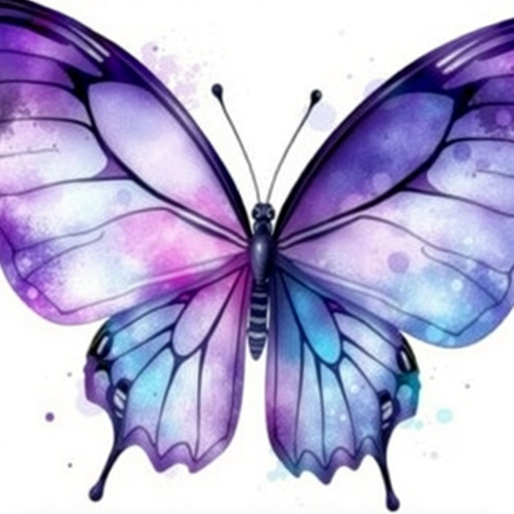 Create an artistic illustration of a butterfly with large wings. The wings should be a blend of vibrant purple and blue hues, featuring delicate swirls and splashes of watercolor effects. The background should be soft and light, enhancing the ethereal quality of the butterfly.