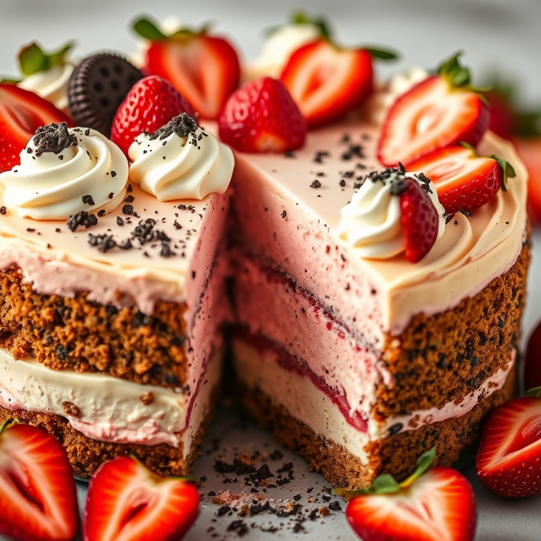 Create an image of a delicious multi-layered cheesecake with a creamy white and pink filling topped with fresh strawberries and whipped cream. The cake has a crumbly crust and is garnished with crushed cookies. Showcase a slice of the cake partially removed to reveal the layers inside, and include a soft-focus background with additional strawberry slices.