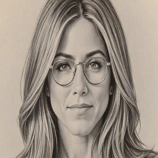 Gorgeous Jennifer Aniston, pencil sketch, portrait of Radiant woman 1971s in glasses, hair style beatnik, outline, clear lines, fine lines, 8k