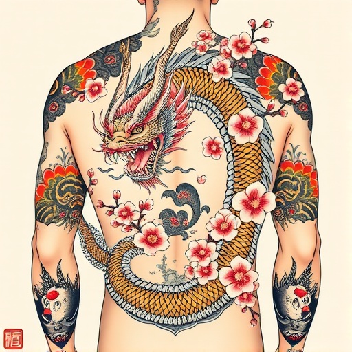 Elegant Japanese irezumi tattoo of a fierce dragon entwined with cherry blossoms, featuring bold colors and traditional motifs, flowing seamlessly across the entire back and arms
