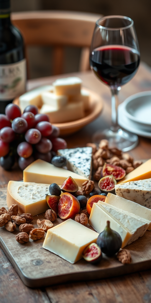 still life composition of a cheese platter with assorted cheeses, fresh fruits like grapes and figs, nuts, a glass of red wine, and rustic wooden table setting, soft natural lighting, shallow depth of field, camera settings: f/2.8, ISO 100, shutter speed 1/125s, shot with a DSLR camera from a 45-degree angle, warm color grading and high dynamic range for enhanced image quality