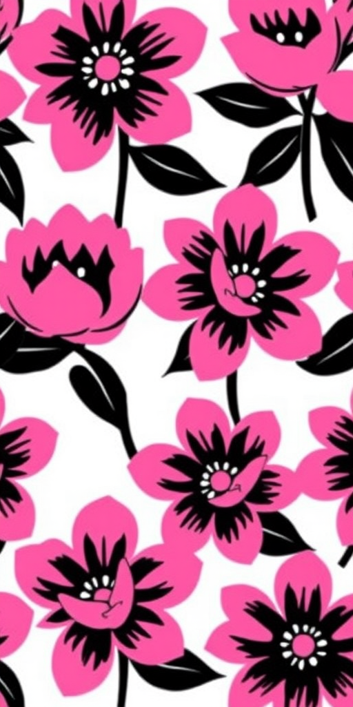 create a seamless pattern of stylized pink flowers with black outlines on a white background, using a macro lens at f/2.8 for shallow depth of field, ISO 100, and a Canon DSLR to enhance color vibrancy and detail