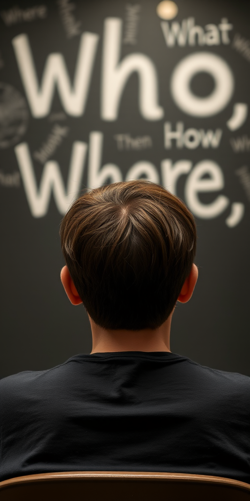Regenerate an image of a person with short hair sitting in front of a blurred background with words like "Who", "What", "Where", "When", "How", "Why" written in a casual style, using a DSLR camera with an aperture of f/2.8, ISO 200, 50mm lens, and a perspective from the back of the person while maintaining a soft-focus effect.