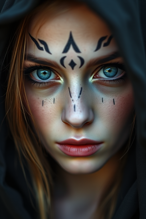 portrait of a young woman with intricate makeup and a dark hood, capturing intense piercing blue eyes, soft focus background, natural lighting, 85mm lens, f/1.8 aperture, ISO 100, shallow depth of field, shot with a DSLR camera