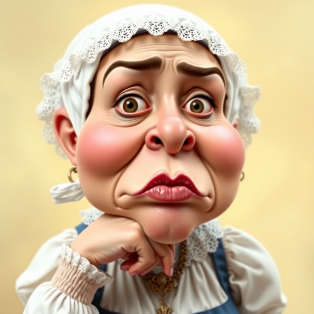 The image is a caricature of a woman with exaggerated features. She is wearing a white bonnet with lace trim and a white blouse with a blue bodice. She is leaning her chin on her hand with a bored or tired expression. Her lips are full and pouty, her cheeks are round and puffy, and her eyes are wide and slightly crossed. Her nose is long and thin, and her brows are furrowed. She is wearing a necklace with a large, ornate pendant. The background is a soft, blurry yellow. The overall effect is humorous and slightly grotesque.