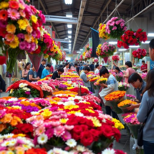 Bustling flower market, with rows of bright blooms in every color, the air filled with their sweet fragrance, and vendors arranging bouquets for eager customers.