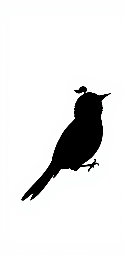 Regenerate a high-contrast black silhouette of a whimsical bird against a white background, captured with a Canon EOS 5D Mark IV, using a 50mm lens at f/1.8, ISO 100, and shutter speed of 1/1000s, in natural light for enhanced clarity and detail.