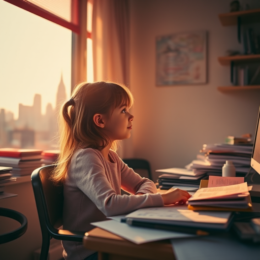 A young girl sitting at a cluttered desk, gazing thoughtfully out of a window with a city skyline in the background, warm sunlight streaming in, vibrant colors and soft shading, camera settings: f/2.8 aperture, ISO 100, shutter speed 1/60s, camera view: wide shot, camera style: cinematic, camera type: digital mirrorless.
