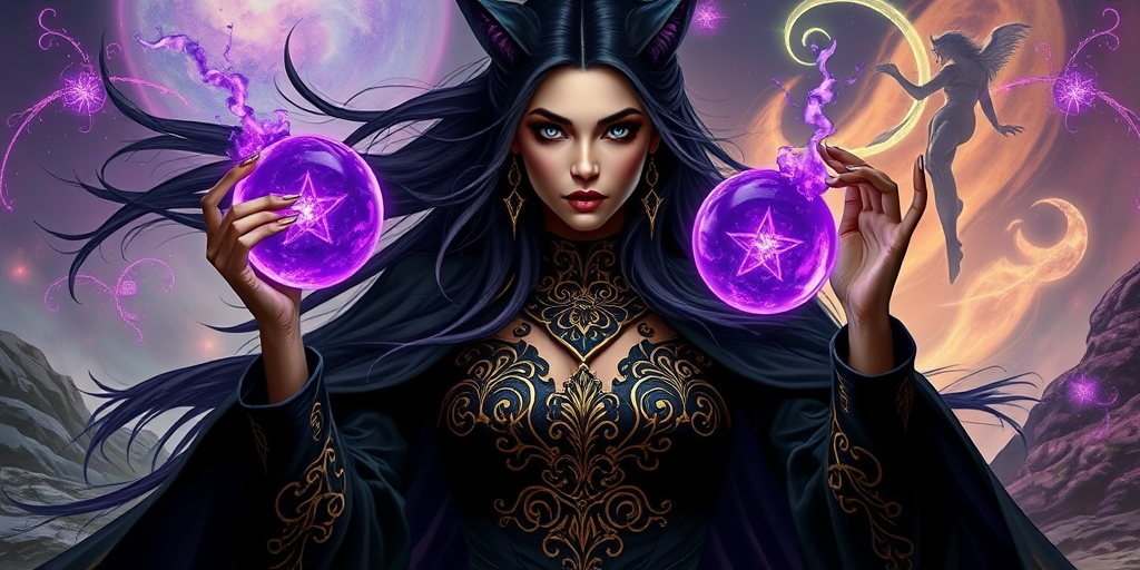 A powerful sorceress with long dark hair and cat ears, holding glowing purple orbs, intricate gold patterns on her black outfit, set against a mystical landscape with swirling energies, high resolution, 50mm lens, f/1.8 aperture, ISO 100, soft natural lighting, portrait format.