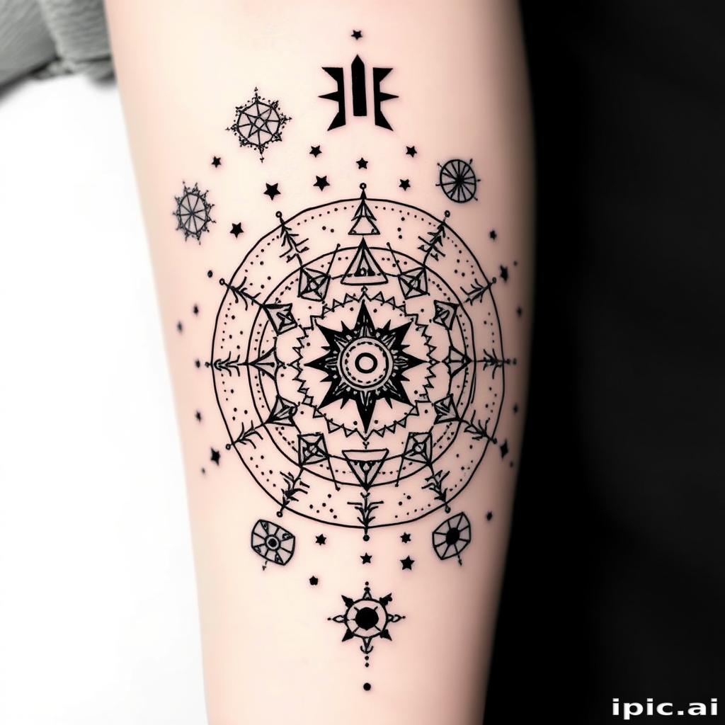 Dotwork tattoo design named "Celestial Constellations" portraying intricate star patterns and zodiac symbols created entirely with tiny dots, forming a mesmerizing galaxy-inspired piece
