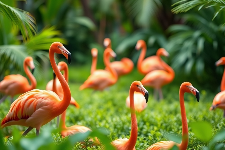 Capture a vibrant scene of flamingos in a lush green environment, shallow depth of field, 70mm lens, f/2.8 aperture, ISO 200, soft natural lighting, DSLR camera, slightly elevated angle for enhanced perspective.