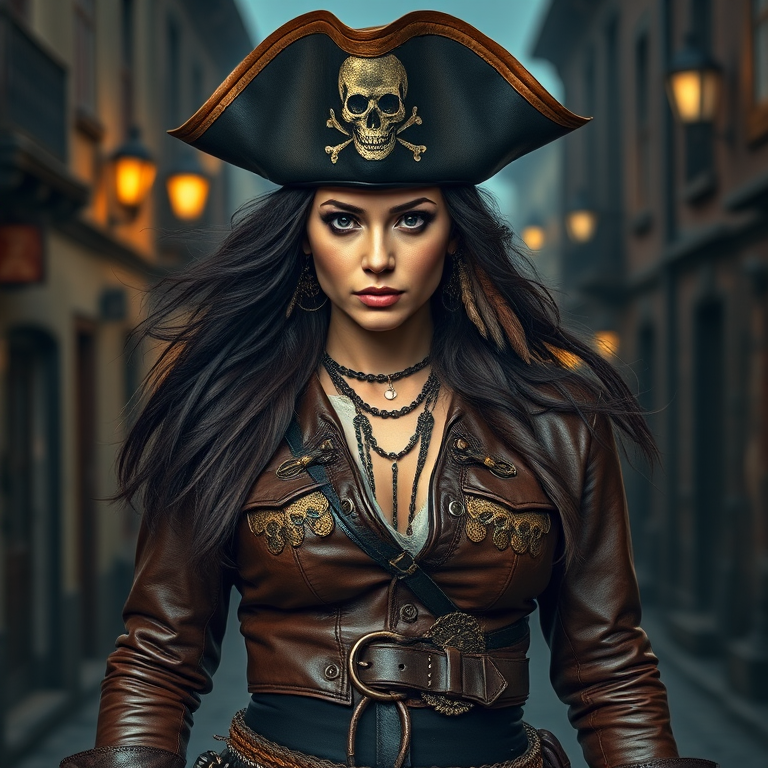 Create a portrait of a fierce female pirate. She wears a leather tricorn hat adorned with a skull and crossbones emblem, and her long, dark hair flows around her face. Her outfit consists of a richly detailed leather jacket, a corset, and multiple layers of belts and accessories, giving her a formidable and stylish appearance. She stands confidently in a dimly lit, historic port town, with a backdrop of weathered buildings and cobblestone streets, capturing the adventurous spirit of a pirate.